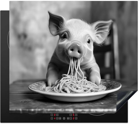 KitchenYeah© Herdabdeckplatte Einteilig Ceranfeld Abdeckplatte für | 60x52 cm - Induktionsschutz Ceranfeldabdeckung Vinyl Herdabdeckplatten Schwein - Spaghetti - Schwarz und Weiß - Tier