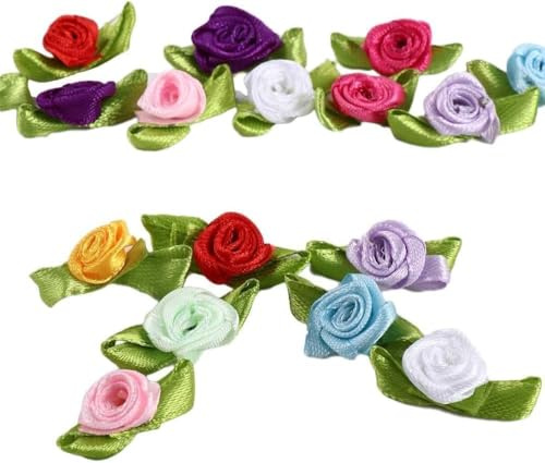 100 pz di ornamenti mini in nastro di raso di colore misto con rose, fiori di rosa in tessuto satinato con foglie, applicazioni di rose per cucito, bordi e decorazioni per giacca, gonna, arte e