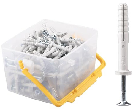 Schlagdübel, 6x45mm, 150 Stück Allzweck Einschlagdübel aus Nylon mit passenden Schraubnägeln in einer stapelbaren Dübel Box mit Henkel für Befestigungen in Stein, Ziegel und Beton Mauerwerk