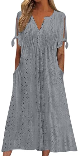 Kleider Damen Sommer A-Linien Strandkleid Lang Hängerchen Kleid A Linie Boho Style Leichtes Sommerkleid Kurzarm mit Ärmeln Schwingendes Leinenkleid Damen Sommer Empirestil Hohe Taille