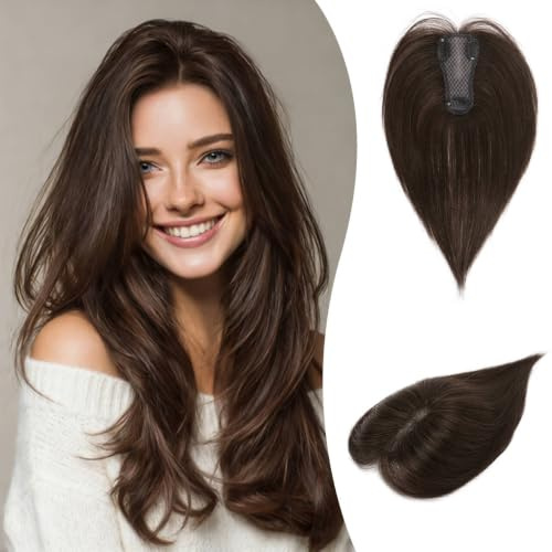 RUWISS Haar Toppers Echthaar für Damen Dunkelbraun mit 15% Dunklem Kakaoblond Hair Topper Leichtes Clip in Haarteil für Frauen Glatter Hair Topper ohne Pony