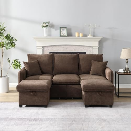 Moimhear Ecksofa U-Form-Dreisitzer Polster-Sofa, mit Staufunktion–Inklusive Schubladen+Hocker mit Staufach, modular zerlegbares Sofa-Set, Chenille-Bezug (Antikbraun)
