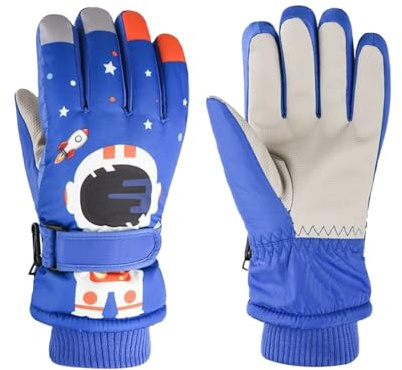 1 paio di guanti da sci per bambini, con polsini regolabili, impermeabili e antivento, stampati con astronauti e motivo razzo, guanti caldi per bambini, sci, snowboard, equitazione (blu)