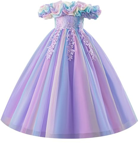 ABEHIK Girls Maxi Tulle Prom Dress Princess Gradient Ruffles Party Dress Purple