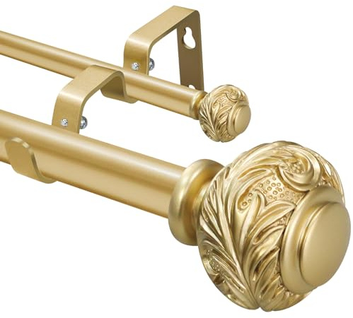 1 Inch Gold Double Curtain Rod with Modern Design Floral Carved Ball Finials-Tension Curtain Rods 48-84 Inchs for Bedroom&Home Decor