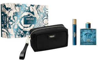 Versace Eros Eau de Parfum set regalo 2025-100 ml EDP, spray da viaggio e borsa per articoli da toeletta