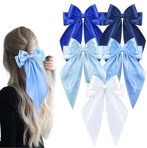 Muorruo 5 Stück blaue Haarschleifen für Damen, große Haarspangen aus seidigem Satin für Mädchen, Haarband-Accessoires mit langem Schwanz, Accessoire für Party Hochzeit Geschenk