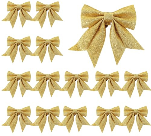 XFSRG 15 Pezzi Fiocchi di Natale Fiocchi Albero di Natale Fiocco Decorativo Natalizio Grande Glitterati Fiocco Decorativi Nastro Fiocchetti Nastro Ghirlanda Natalizia Decorazioni Natalizie (Oro)