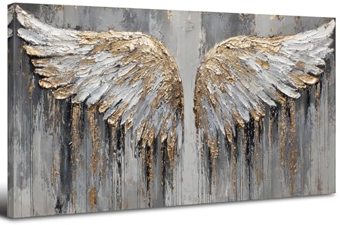 Ailes D’Or Blanc Art Mural Lareg Impressions Sur Toile Vintage Ailes D’Ange Image Pour Salon DéCoration De Chambre Aquarelle Abstrait Plume Texture Peinture DéCoratif Murale Prêt à Accrocher 50x100cm