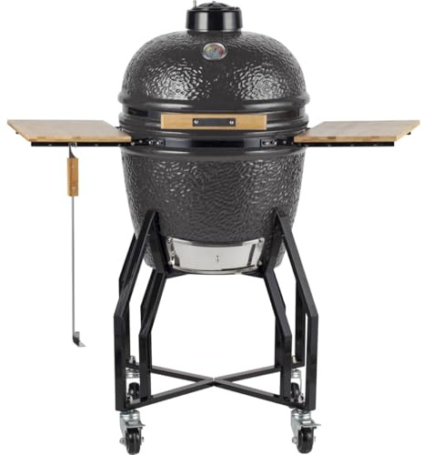 INTEC - Barbacoa de carbón tipo Kamado Gris de Cerámica - 2 zonas de cocción Grill y Ahumador Ø 56 cm - Barbacoa móvil 122,1 x 69,6 x 117,4 cm