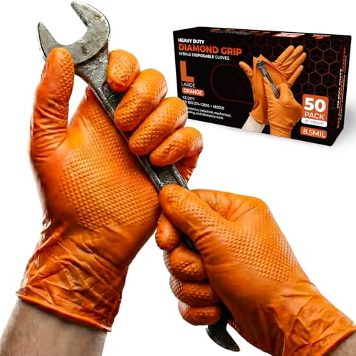 PRAIMA 500 Stück, Einweghandschuhe, Diamant Grip - Gr. L, Puderfrei & Latexfrei Einmalhandschuhe, Extra Dicke und Starke, Nitrilhandschuhe, Arbeitshandschuhe für Werkstatt, Kfz & Industrie