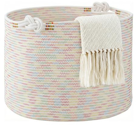 COSYLAND 88 L rund tvättkorg i bomullsrep, stor tvättkorg och förvaringskorg med handtag, för smutstvätt, sovrum och tvättstuga, 56 x 36 cm, godisfärger