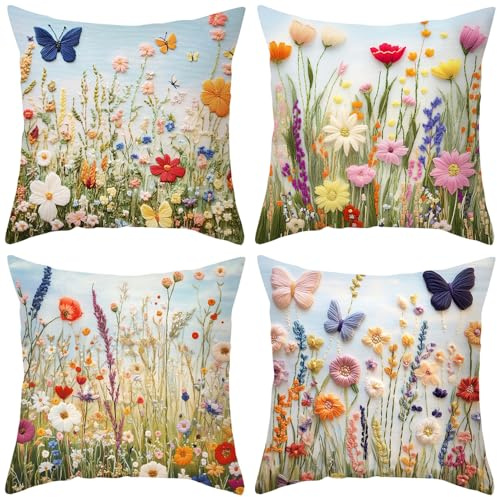 BREASOME Federe Cuscini Divano 45x45 cm, Set di 4 Copricuscini Floreale 3D e Farfalle Fodere per Cuscini Decorativi Quadrata in Poliestere per Divano Camera da Letto Soggiorno