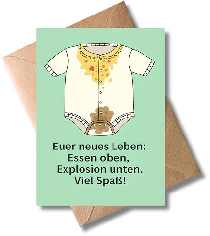 WBdesignz Geburtsglückwunschkarte „Euer neues Leben: Essen oben, Explosion unten“ - Witzige Klappkarte zur Baby-Geburt mit süßem Onesie-Motiv für neue Eltern, lustig & humorvoll (DIN A6)