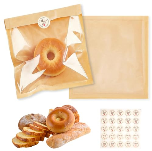 100 Piezas Bolsas de Papel Kraft con Ventana, 18 X 19 cm Papel Antigrasa Alimentos, Papel Hamburguesa Antigrasa, Bolsas Bocadillo, Bolsa de Pan, Bolsas Chuches para Masa Madre,Pan,Galletas,Regalar