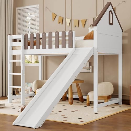 HaoChrymec Lit Mezzanine en Pin+MDF, Lit Enfant avec Toit et Fenêtres, Échelle avec 3 Marches et Toboggan, Blanc+Noyer, 90x200 cm