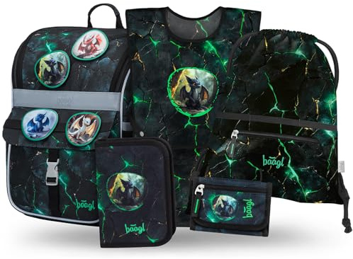 Baagl Schulranzen Jungen Mädchen Set 5 Teilig (Zippy Schultasche für 1. Klasse, Mäppchen, Turnbeutel, Schürze, Brustbeutel), Grundschule Ranzen, Ergonomischer Schulrucksack, 18 l