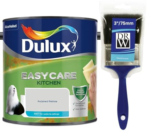 Polished Pebble Dulux Easycare Kitchen Matt Emulsion Paint 2.5L + 3 Emulsion Paint Brush – Grease & Stain Resistant, Washable Matt Finish, Durable Interior Paint for Kitchen Walls & Ceilings