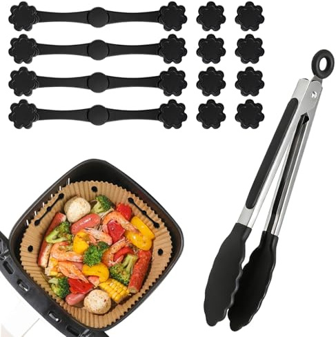 Lot de 12 aimants pour papier sulfurisé Airfryer - Boucles magnétiques en silicone pour friteuse à air chaud - Avec pince Airfryer - Aimants pour papier sulfurisé - Noir