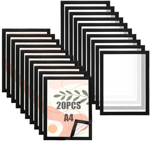LDHHYH 20 Stück Magnetrahmen A4 Selbstklebend Schwarz, Magnetische Bilderrahmen A4 aus PVC, Doppelseitiger Info Rahmen für Dokumente, Hinweise, Büro, Schule, Tür und Fenster