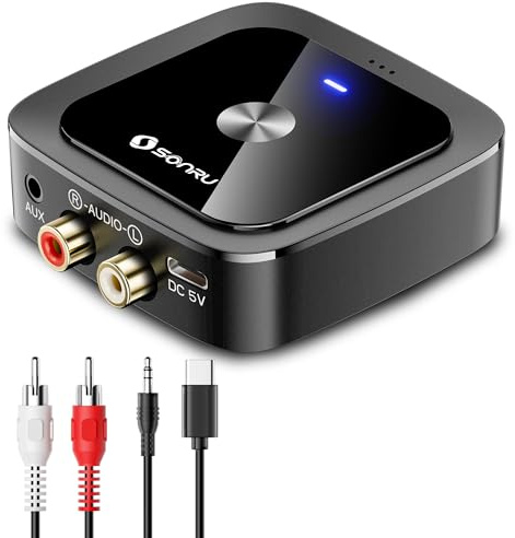 SONRU Bluetooth 6.0 Receiver, HiFi Wireless Audio Adapter with Low Latency, 24-Hour Battery Life, 3.5mm Jack AUX & RCA Output, Aux to Bluetooth Adapter for Speakers/Car/Home Stereo