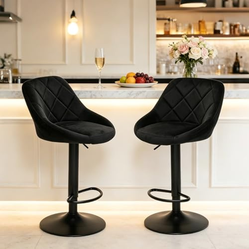 YLGJ&TIDY Barhocker 2er Set, Barhocker Höhenverstell Drehfunktion, Schwarz | Barhocker mit Samt Gepolsterte, Barstühle mit Rückenlehne & Metallrahmen, Barstuhl für Küche, Bar und Theke
