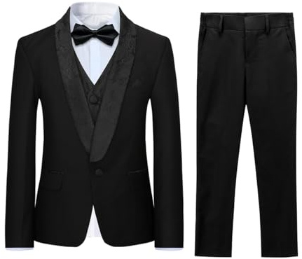 Sliktaa Boys Three Piece Jacquard Tuxedo Shawl Lapel Wedding Suit | Floral jacquard shawl lapel jacket matching waistcoat trousers one button front for weddings parties and performances