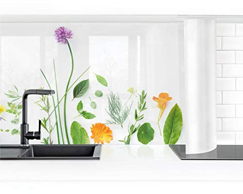 Bilderwelten Küchenrückwand Folie Glänzend 60x100 cm Kräuter und Blüten I Spritzschutz Fliesenspiegel Küche-Rückwand Motiv Klebefolie