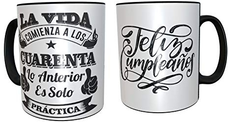 Taza de desayuno de Cerámica regalo original para 40 cumpleaños - regalos para hombres 40 años - regalos 40 cumpleaños mujer (Negro Español)