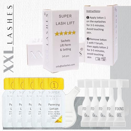 XXL Lashes 10 Einzeldosen Wimpern- u. Augenbrauen Lifting, 5 Perming Gel Sachets und 5 Fixing Lotion Minituben für Wimpernlifting, Wimpernwelle und Augenbrauen-Lifting, nur 2-5 Min. Einwirkzeit, vegan