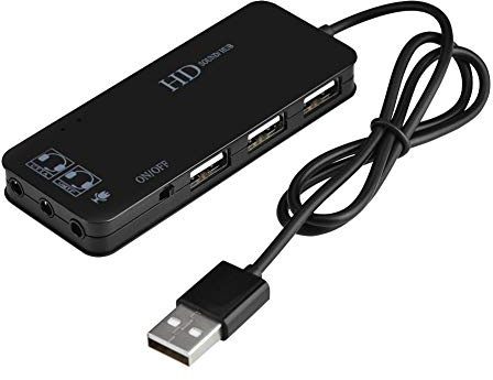 143 USB Hub Sound Adapter, USB 2.0 Hub TO 3-Port USB 2.0 Headphone Port Mic Port w/7.1CH Sound Adapter Multi Port Splitter(Black)