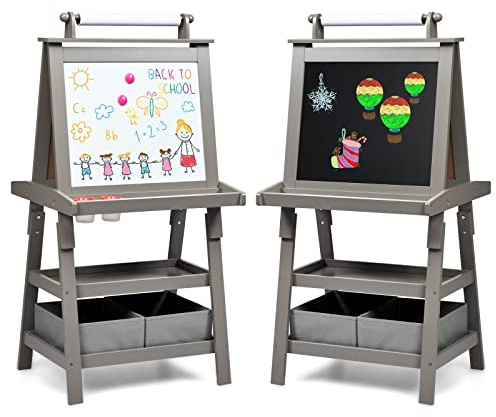 RELAX4LIFE Kinder Staffelei 3 in 1, Whiteboard, Kreidetafel, Rolle für Zeichenpapier, doppelseitige Staffelei, 3 Regale mit 2 Stoffboxen & 2 Magnete & 2 Pigmentbecher, Kindertafel MDF (Grau)