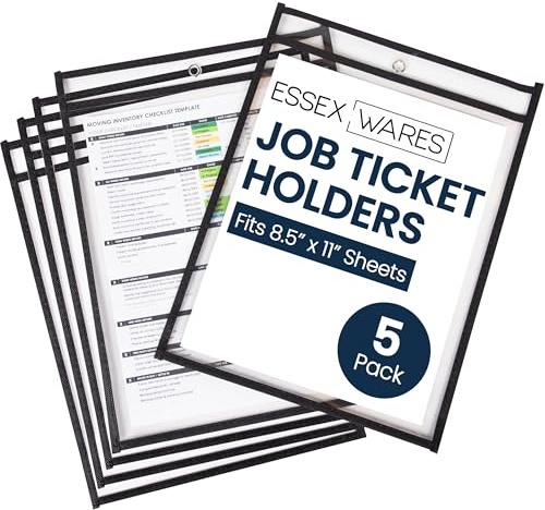 Essex Wares - 5 Pack, Black, Job Ticket Holders, 10 Wide x 13.5 Tall - Clear Plastic Shop Ticket Holders - Easy to Use, Reusable & Easy Erase Plastic Invoice Holders, Water-Resistant & Durable
