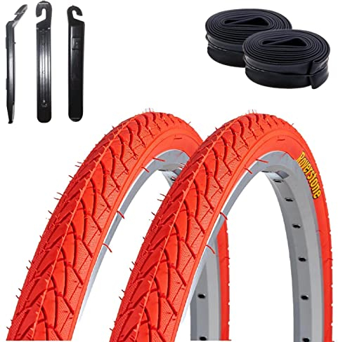 2 x Roverstone Fahrradreifen Drahtreifen Rot 28 x 1,4 Zoll (37-622) + 2 Schläuche DV inkl. 3 x Reifenheber
