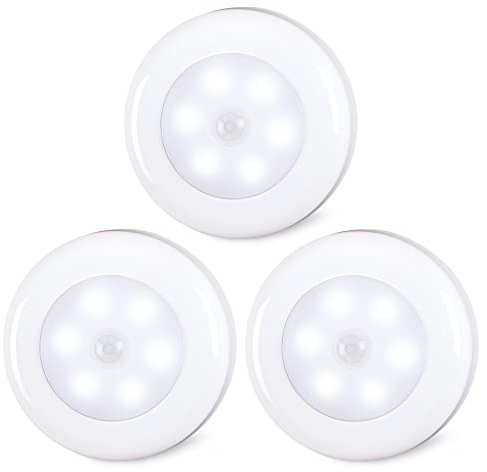 Sensor de movimiento de luces LED para armario, sin cables, funciona con pilas, se adhieren en cualquier lugar, luces de paso nocturno para escaleras de pasillo (blanco frío, 3 unidades)