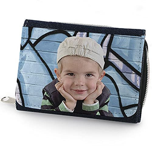 Geldbörse und Geldbeutel mit Foto und Text selbst gestalten für Herren und Damen Magnetverschluss robustes Kunstleder Brieftasche Kinderportemonnaie mit Coveraufdruck Portmonee in Jeans