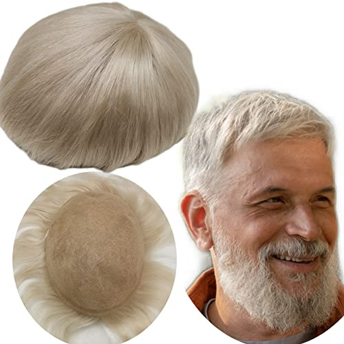 Yanahair Echthaar Toupet für Männer, Glattes Haar dünne französische Spitze Gebleicht Knoten natürlichen Haaransatz Perücken Haarsystem Europäische Echthaar Perücke Mann(10x8,grau/blonde)