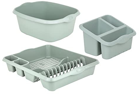 JMS we create smile Plastic Large Kitchen Sink Set of 3 Rectangular Washing Up Bowl, Sink Tidy and Large Dish Drainer (Silver Sage)