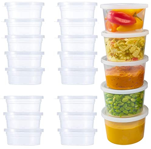 Lot de 50 petits récipients avec couvercles pour le stockage de slime, pots à sauce, gobelets alimentaires en plastique étanches pour bocaux, sauces, salades, plats à emporter, restauration (100 ml)