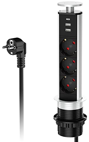 3 prese da tavolo a scomparsa con USB C, presa a scomparsa da cucina con 2 USB A, presa da incasso a scomparsa, presa a scomparsa per piano di lavoro, 4000 W/16 A, Ø 60 mm,cavo da 1,8 m,Nero argento