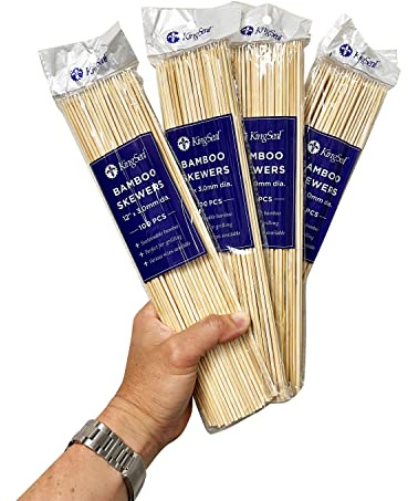 400 Count | KingSeal Natural Bamboo Wood Grilling Skewers for Shish Kebabs, BBQ, and Fruit Arrangements, 12 Inch x 3.0mm Diameter - 4 Packs x 100 Skewers