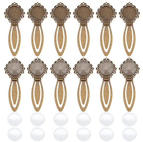 nbeads 24 STK. Antik Bronze Lesezeichen Mit Klarglas Cabochons, 12 Stück Tibetischen Stil Lesezeichen Cabochon Einstellungen und 12 Stück Kuppelglas Cabochons Zum Geschenken Basteln DIY-Lesezeichen