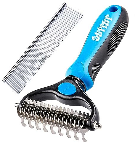 Dematting Comb with Grooming Rake and Brush for Dogs and Cats, for Small, Medium & Large Dog Breeds, 17+9 Double Sided Deshedding Tool, Removes Tangles and Knotts (Blue)