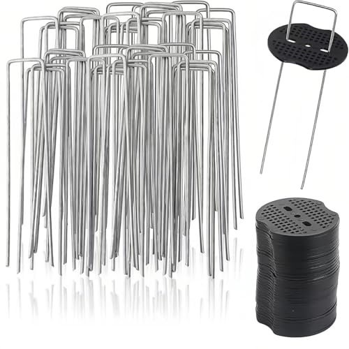 Hcrvvi 100 Artificial Grass Pins,Weed Control Membrane Pegs,15X4cm Φ3.8mm Stainless Steel U-Shaped und 100 6x7cm Cushion Washers,for Weed Membrane,Allotment Equipment,Landscaping Fabric