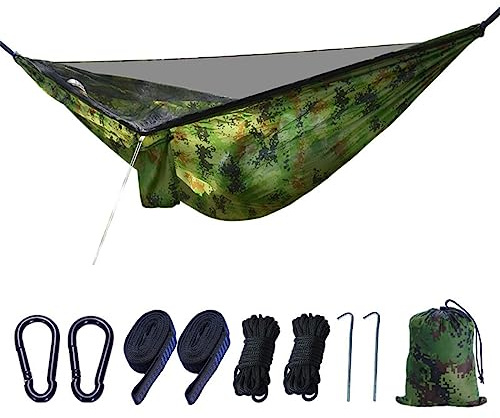 Camping Hängematte Ultraleichte mit Moskitonetz 270 * 140cm Atmungsaktiv Schnelltrocknendes Fallschirm-Nylon Schlafsack Hammock (Tarnanstrich)