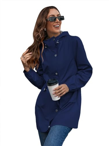 SotRong Lätta vattentäta jackor kvinnor packbar regnjacka huva regnrock damer vår sommar anoraker jackor utomhus cagoule trenchcoat, marinblå, S