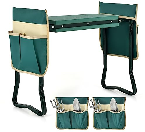 RELAX4LIFE 2-in-1 Kniebank klappbar, Kniehilfe mit 2 abnehmbaren Taschen & Kniekissen EVA-Schaumstoffpolster, Gartenbank bis zu 150 kg belastbar, 58 x 27,5 x 50 cm, Gartenhocker für Gartenarbeit, Grün