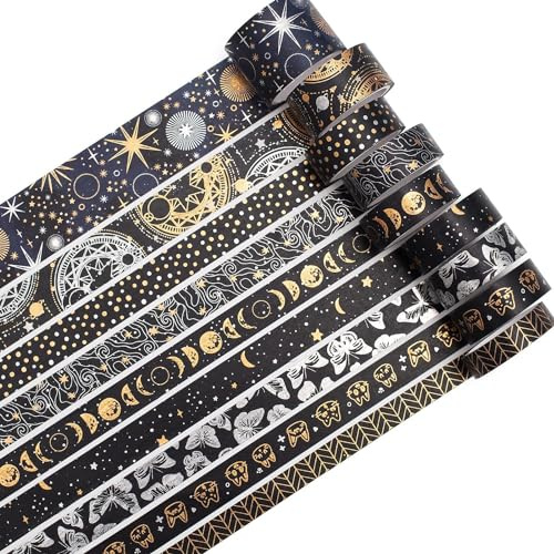 KAVI' S 9 rullar söt guldfolie washi set maskeringstejp dekorativ tejp för gör-det-själv-dekoration och hantverk (Dark Night)