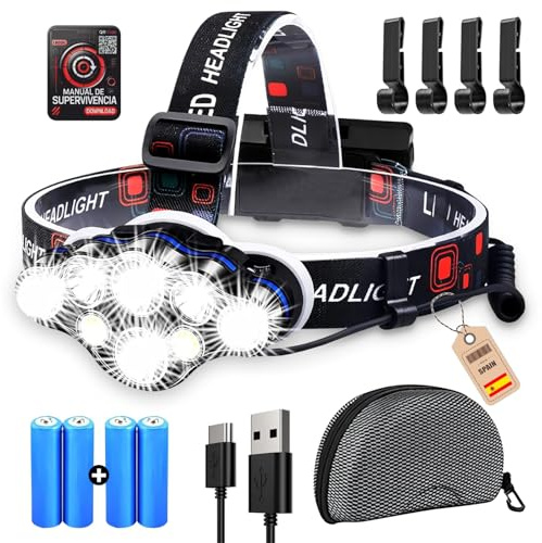 Linterna Frontal LED Recargable Alta Potencia , 4 Baterías Incluidas, 8 Modos, 18000 Lúmens y Luz Roja Trasera, Ángulo Ajustable 90°, Impermeable IP44, para Running, Camping y Senderismo, Profesional