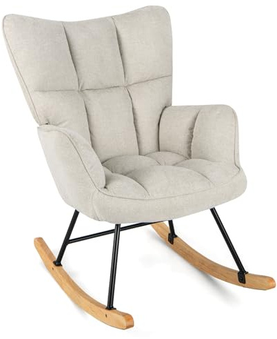COSTWAY Relax Rocking Chair, Linen Fabric Upholstered Rocker Accent Chair with Solid Wood Base, Modern Tufted Wingback Leisure Lounge Reading Armchair for Living Room Bedroom Nursery (Beige)